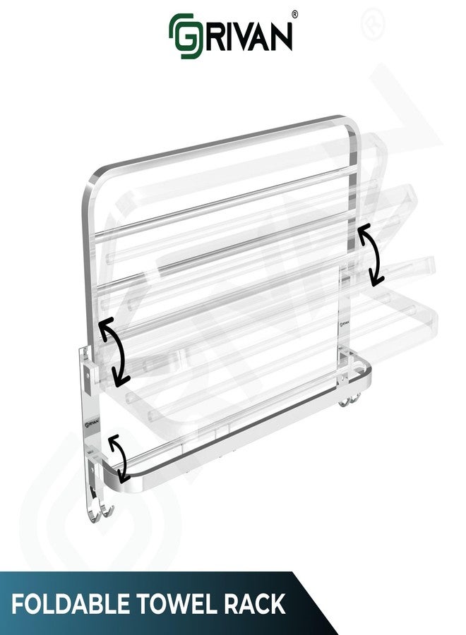 GRIVAN Stainless Steel 24 Inch Folding Towel Rack with Multiple Hooks | Bathroom Shelf, Hanger, Stand & Wall Mount Accessories (Silver Chrome Finish) - Image 4